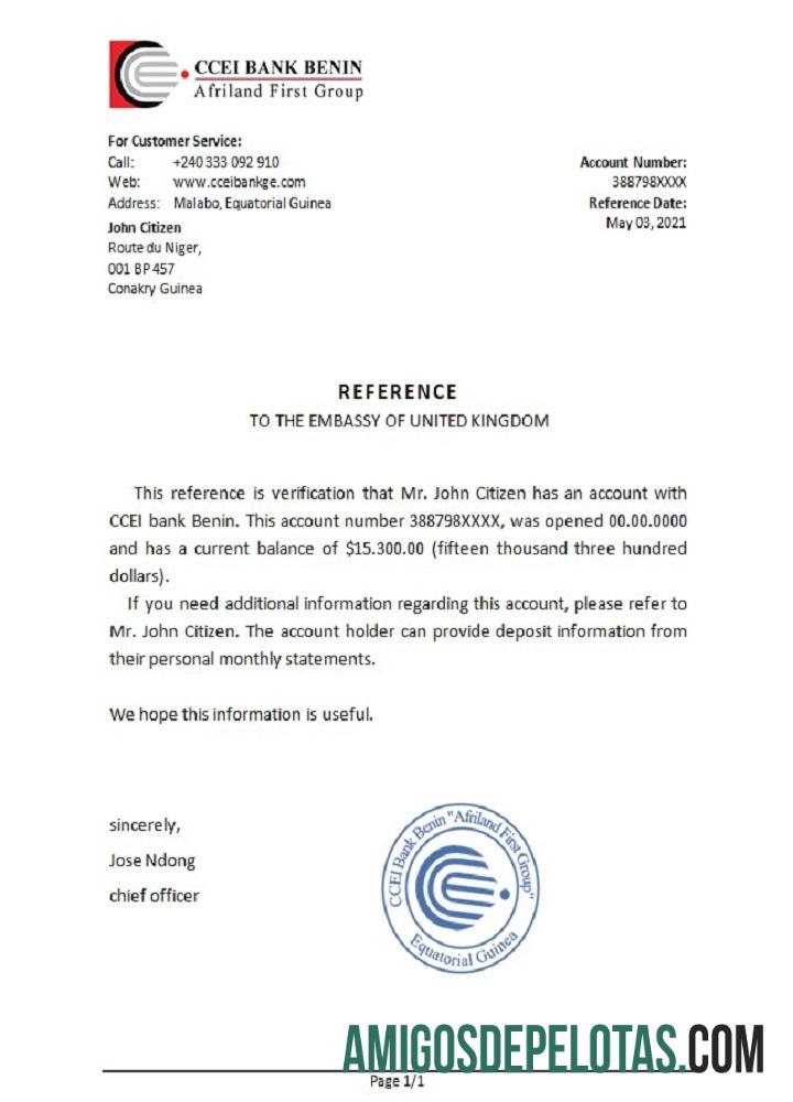 Guiné Equatorial Banco CCEI Referência do Banco Benin exemplo real